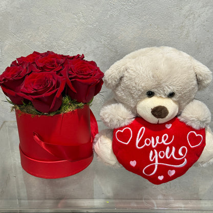 Red Rose Hatbox with Teddy