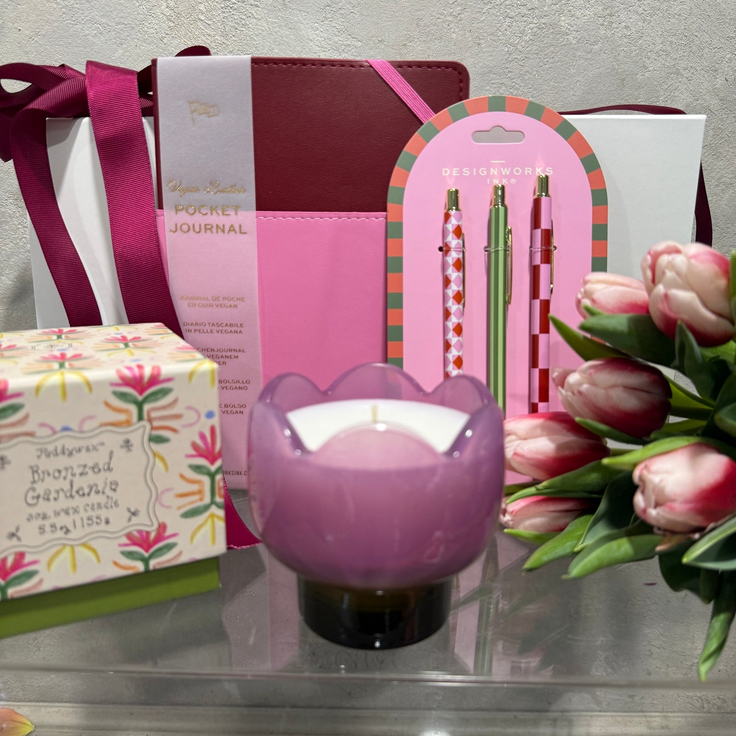 Tulip Candle, Pocket Journal, Pens and Pink Tulips