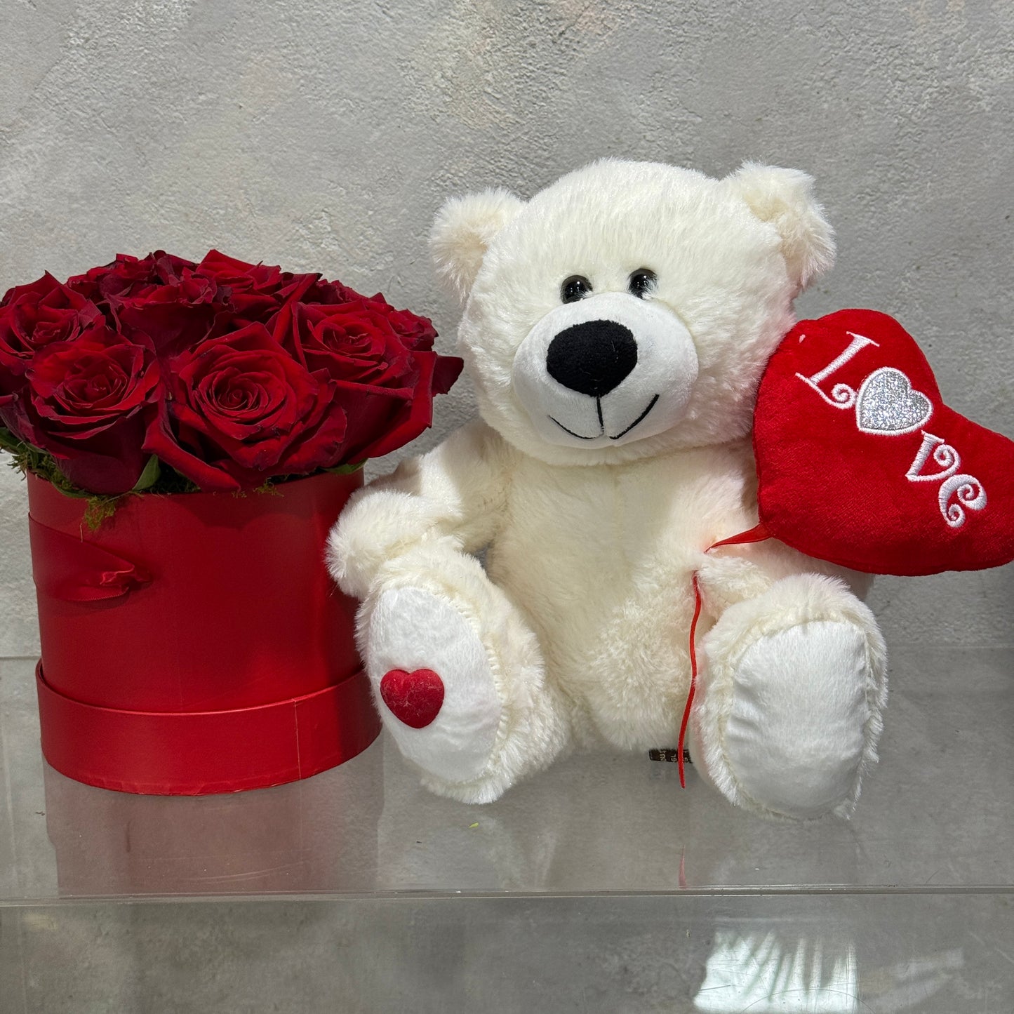 Red Rose Hatbox with Teddy