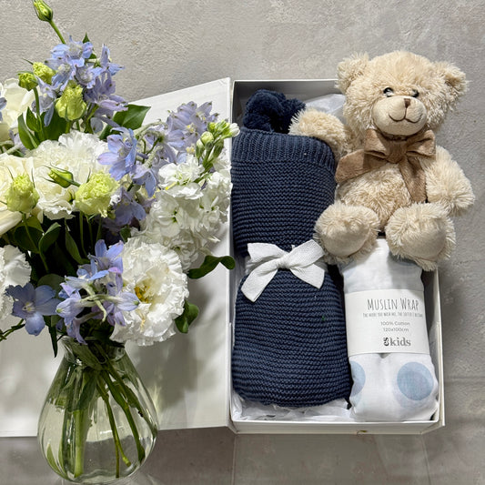 Blue Baby Hamper with Teddy, Blanket and Muslin Wrap
