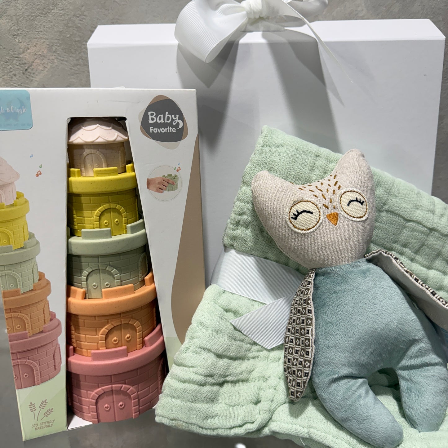 Toy Owl, Muslin Blanket and Toy Stacker