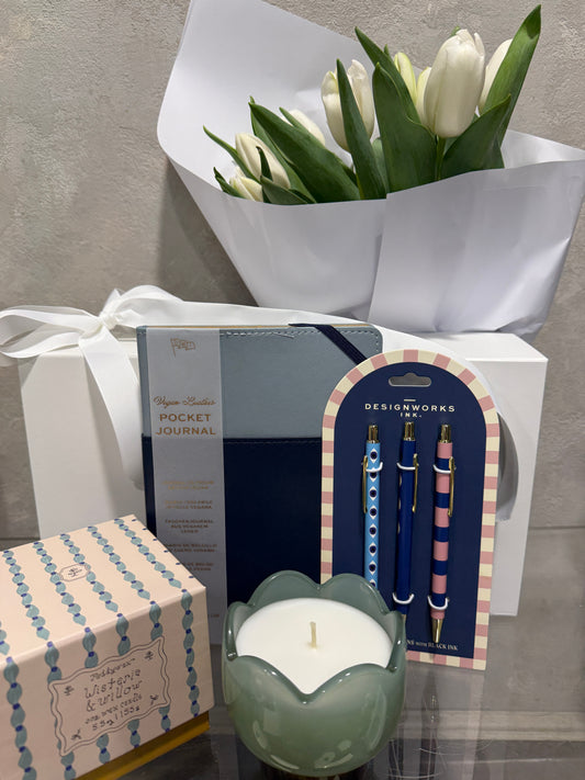 Tulips with Pocket Journal, Pens and Candle