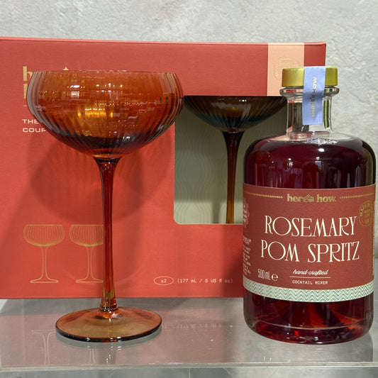 Rosemary Pom Spritz and Two Coupe Glasses