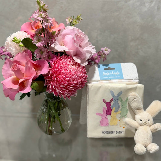 Fabric Book, Bunny and Vintage Vase of Pink Flowers