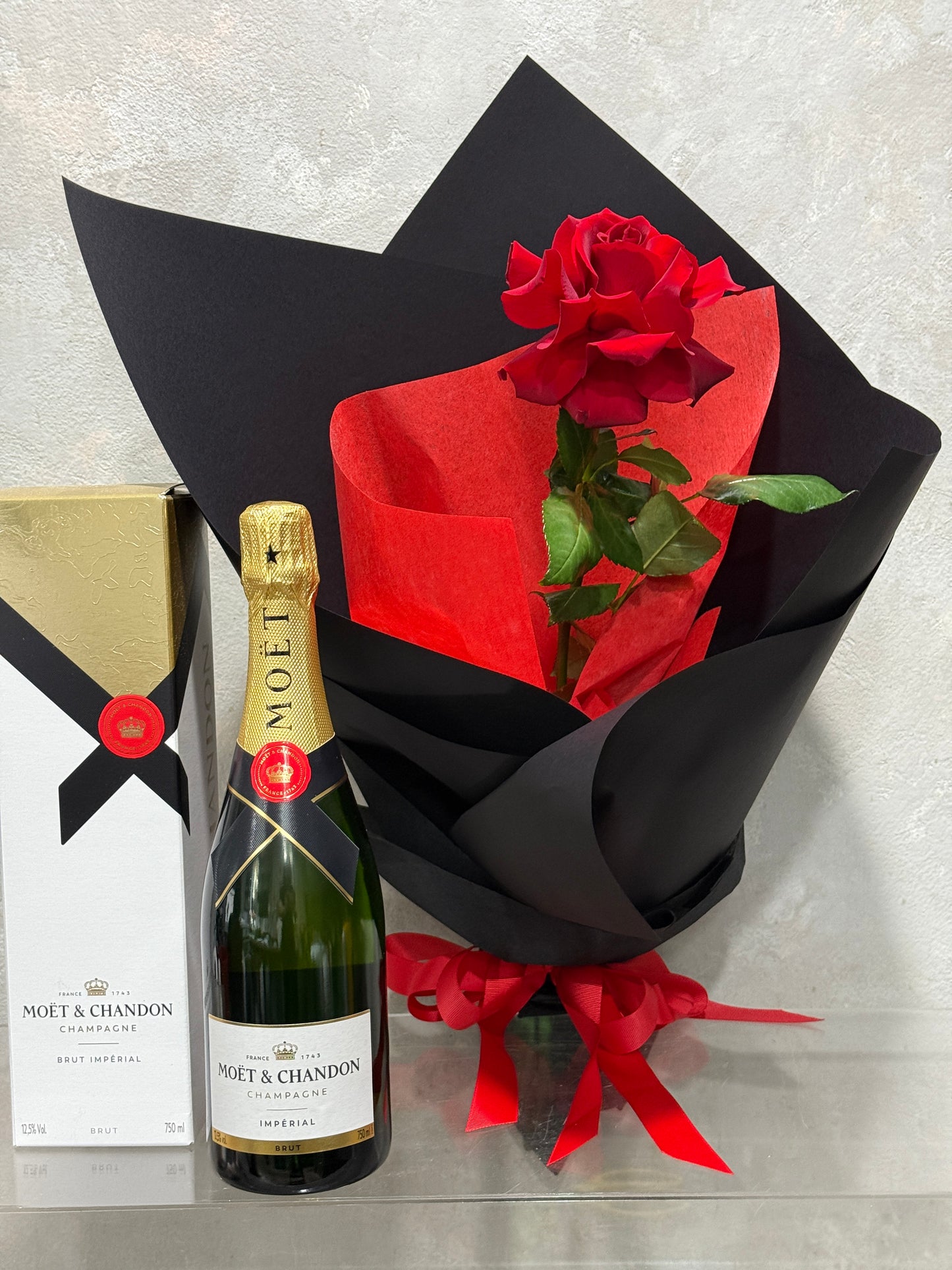 Single Red Reflexed Red Colombian Rose with Bottle of Moet