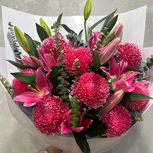 Hot Pink Mums, Lilies and Gum Bouquet