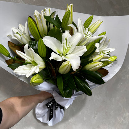 A hand delicately holding a bouquet of long-lasting Casablanca Lily by FlowersonNortonSt, their white petals exuding elegance and grace.